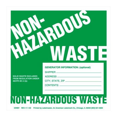 American Labelmark Co Non-Hazardous Waste Label, Generator Info, Stock PVC free, Vinyl, 100 GWMV